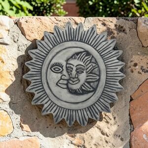 Vtg Cast Stone Sun & Moon Wall Plaque 8" Heavy 2 lb Celestial Garden Patio Decor